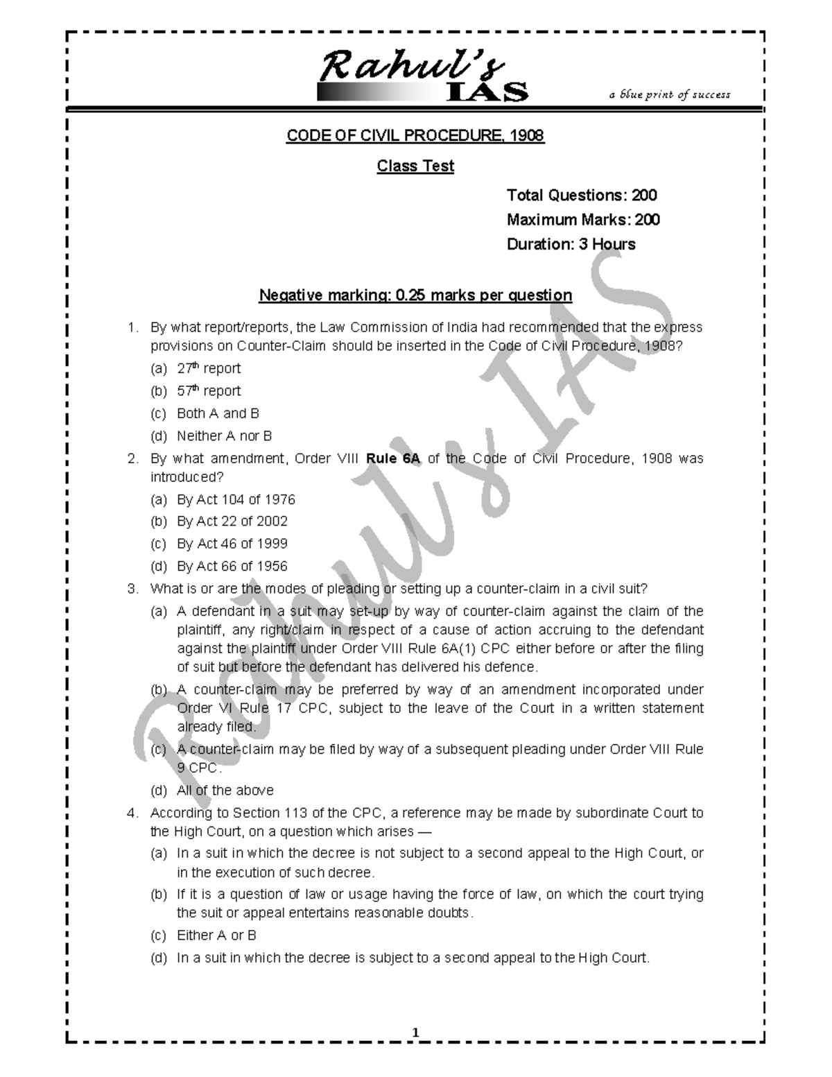 CPC-TEST- Paper - CODE OF CIVIL PROCEDURE, 1908 Class Test Total ...