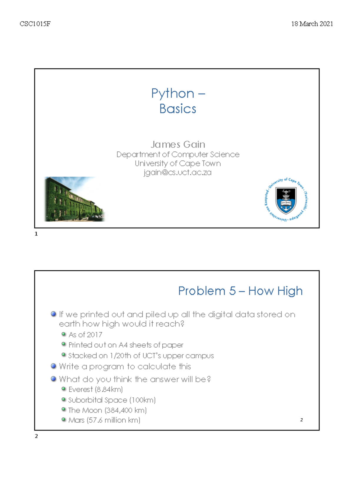 4. Basic Functions - Python – Basics James Gain Department of Computer ...