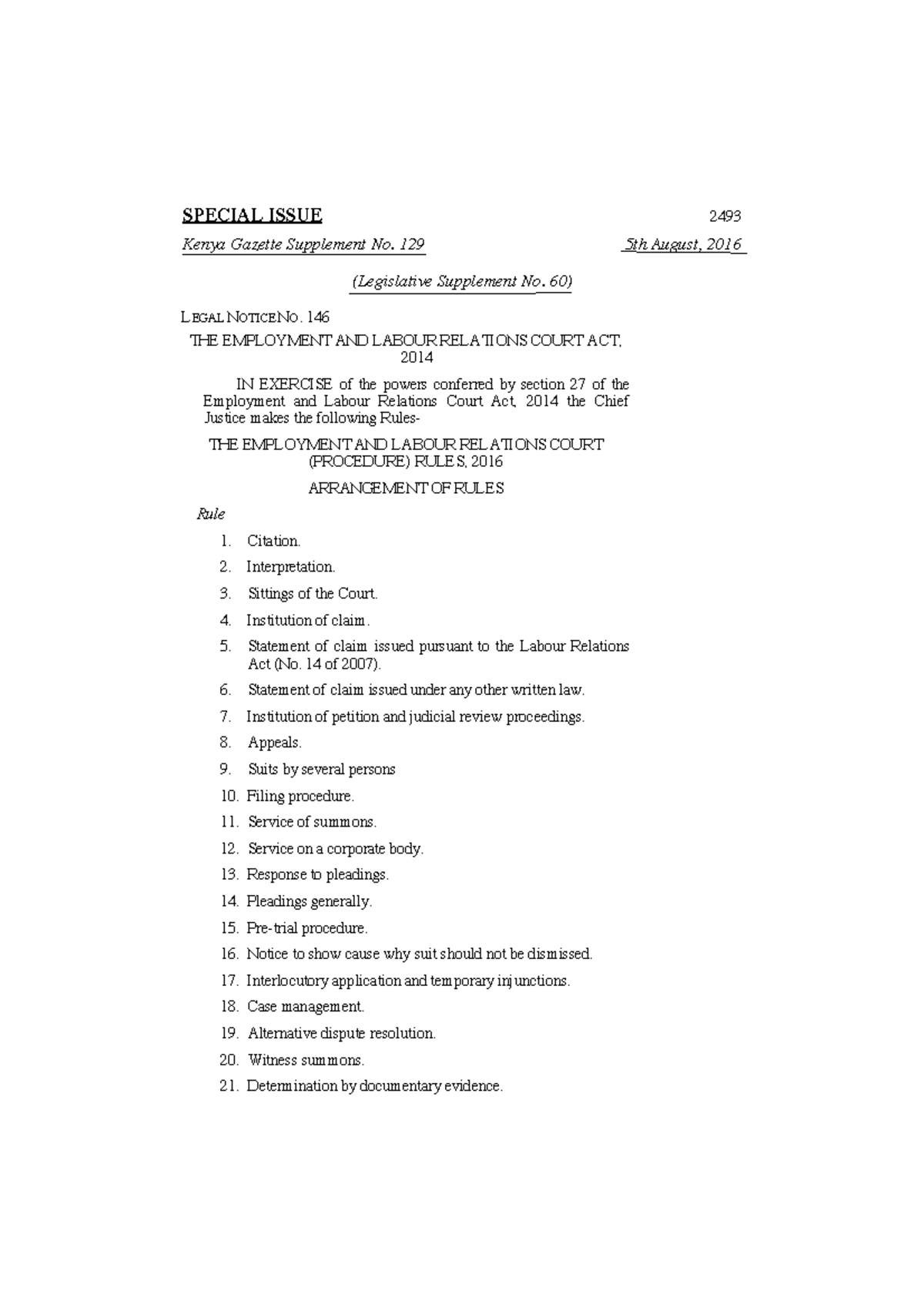 ELRC Procedure Rules - lecture notes - SPECIAL ISSUE 2493 Kenya Gazette ...