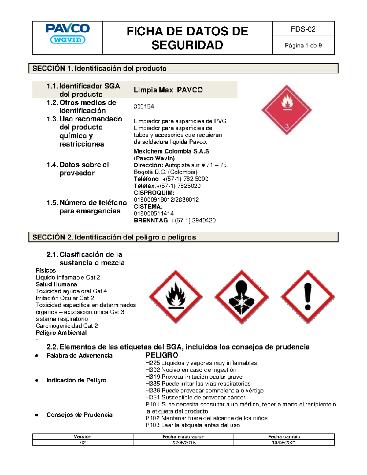 FDS 02 Limpiamax Pavco FICHA DE DATOS DE SEGURIDAD Página 1 de 9