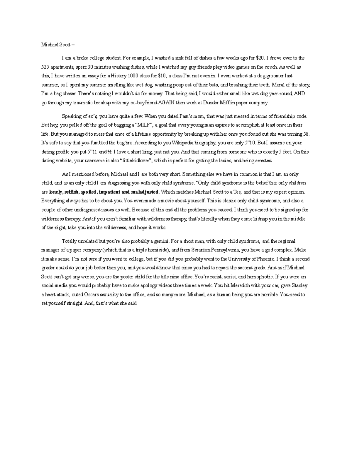 Roast or Toast Example Com 1200 Michael Scott I am a broke college