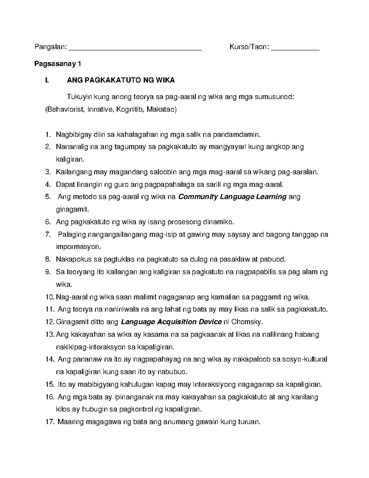 Pagsasanay sa Pagtuturo ng Filipino - Pangalan ...