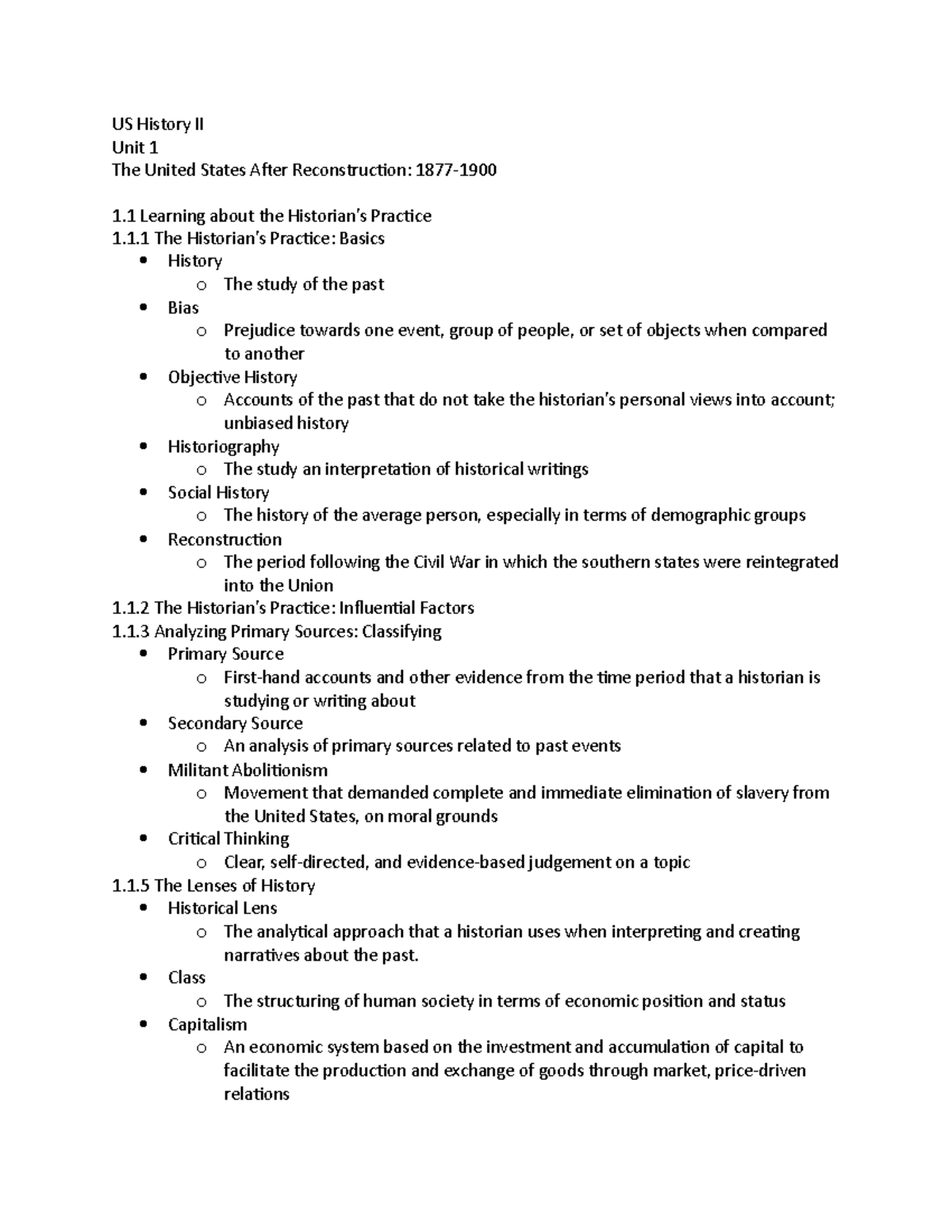 Unit 1 Notes-US History II - US History II Unit 1 The United States ...