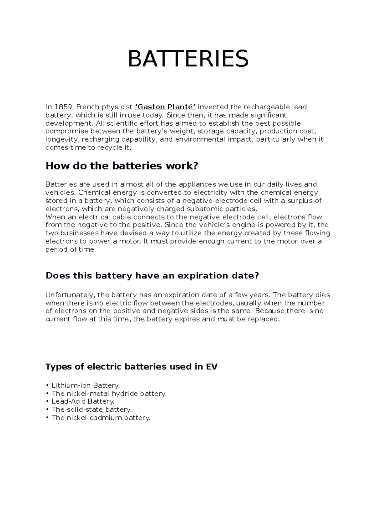 Batteries and history of battery - BATTERIES In 1859, French physicist ...