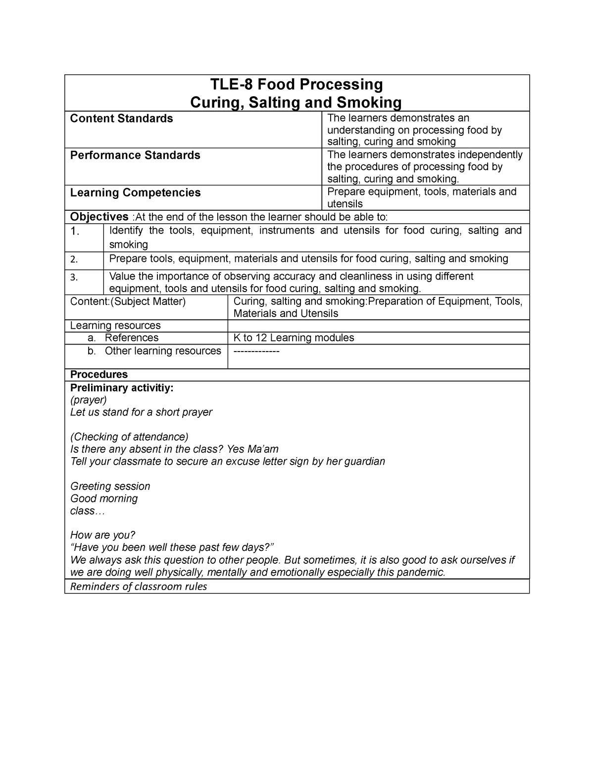 Food Processing Curing, Salting And Smoking - TLE-8 Food Processing ...