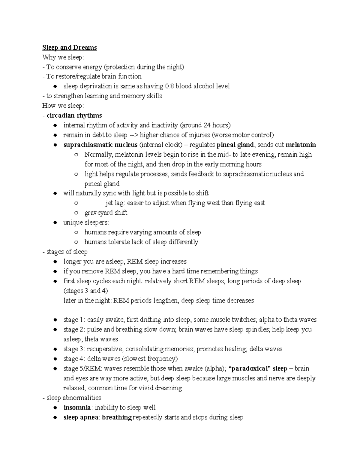 PSYCH 1 Exam 2 Study Guide - Sleep and Dreams Why we sleep: To conserve ...