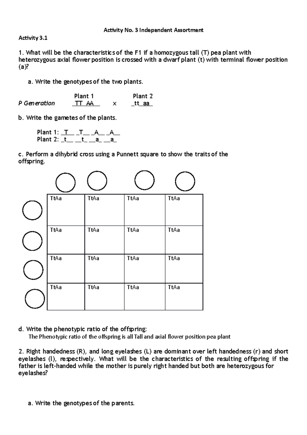 Activity No. 3 Independent Assortment Activity No. 3 Independent