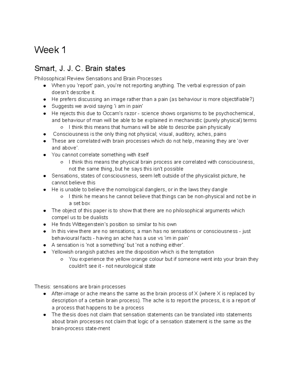 ARTS2361 Readings - Week 1 Smart, J. J. C. Brain States Philosophical ...