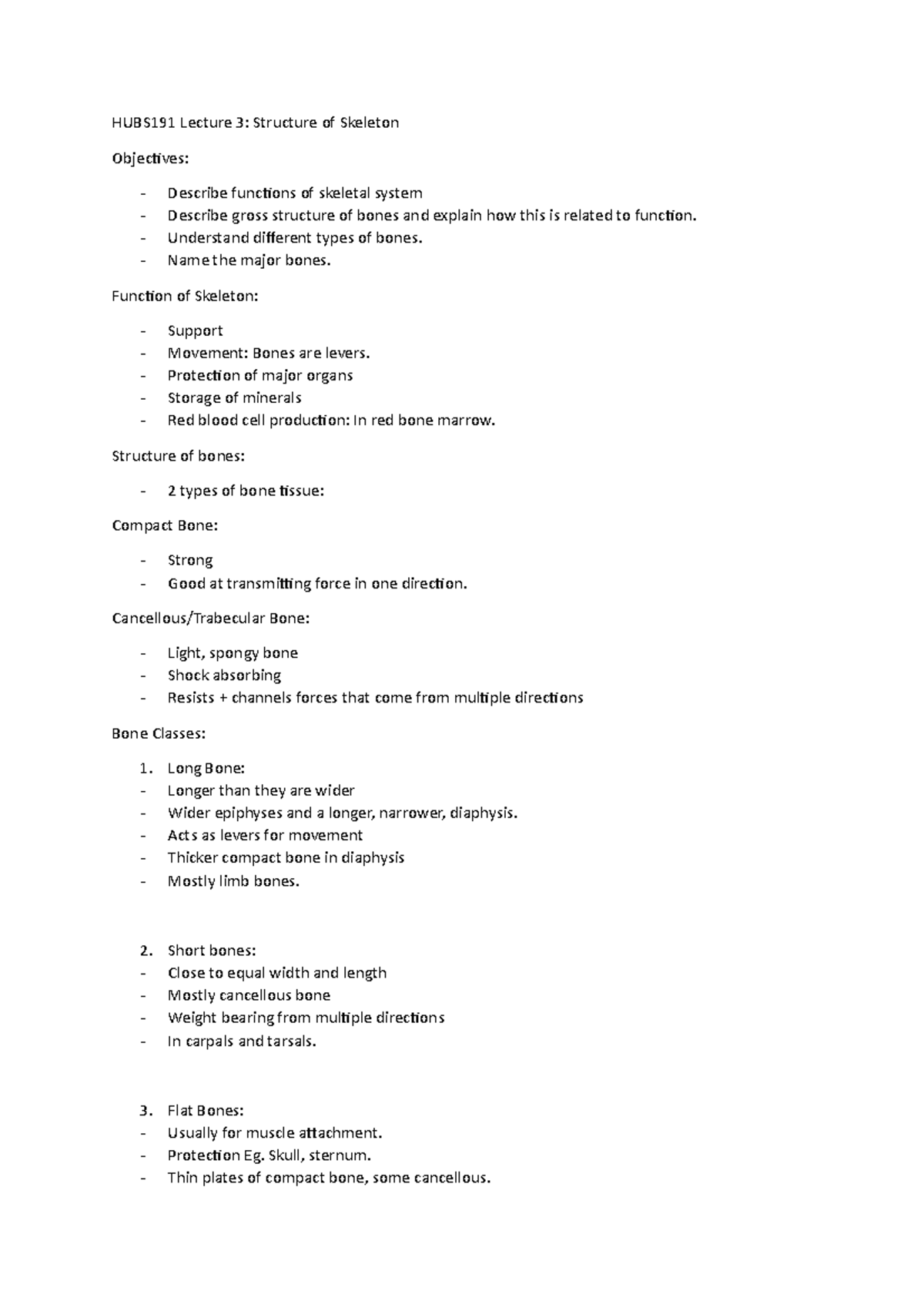 HUBS191 Lecture 3 Notes - HUBS191 Lecture 3: Structure of Skeleton ...