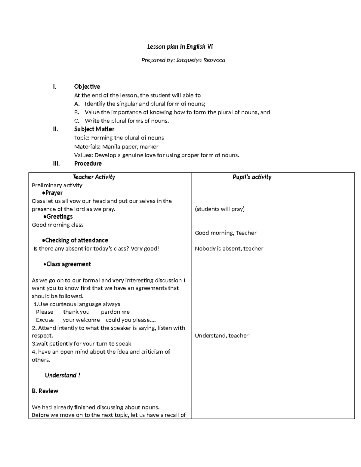 Leason plan in grade 6 - Lesson plan in English VI Prepared by ...