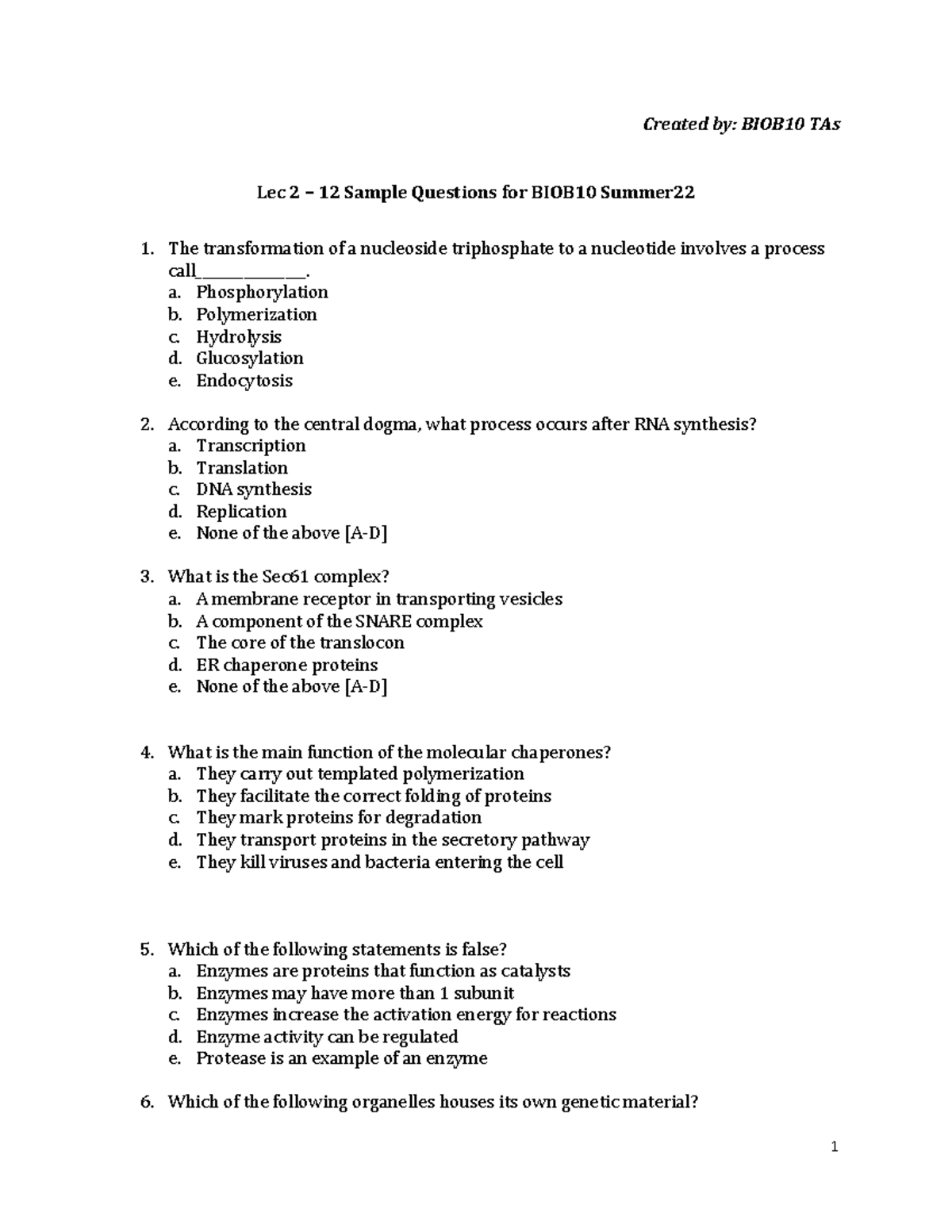 B10 Sample Midterm Q's - Created By: BIOB10 TAs Lec 2 – 12 Sample ...