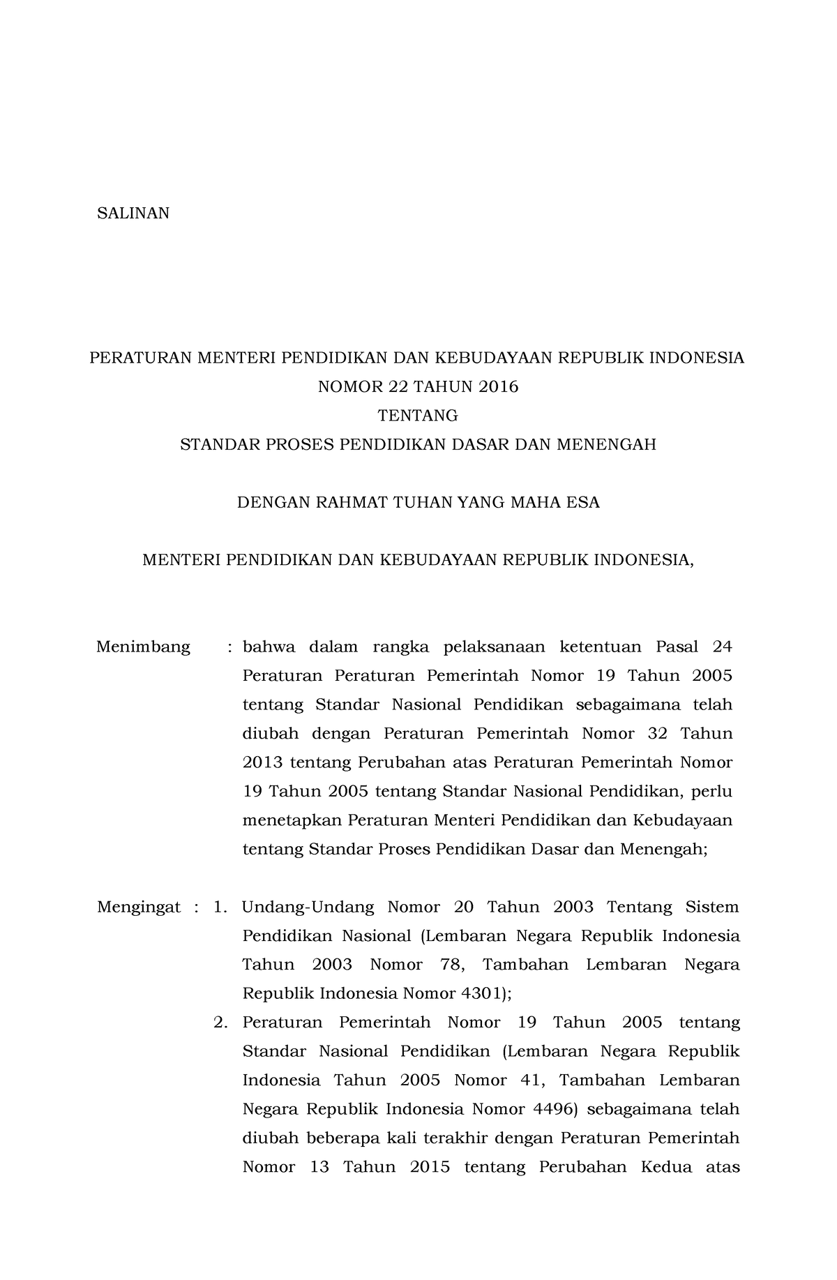 Permendikbud Tahun 2016 Nomor 022 Standar Proses - SALINAN PERATURAN ...