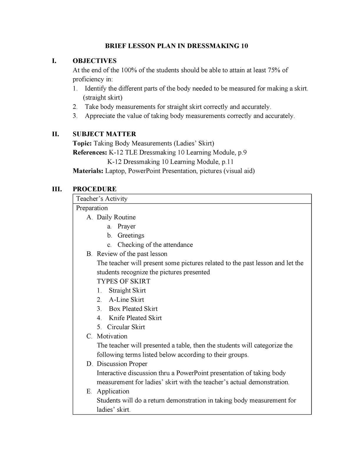 BRIEF LESSON PLAN IN DRESSMAKING 10 TAKING BODY MEASUREMENTS FOR 