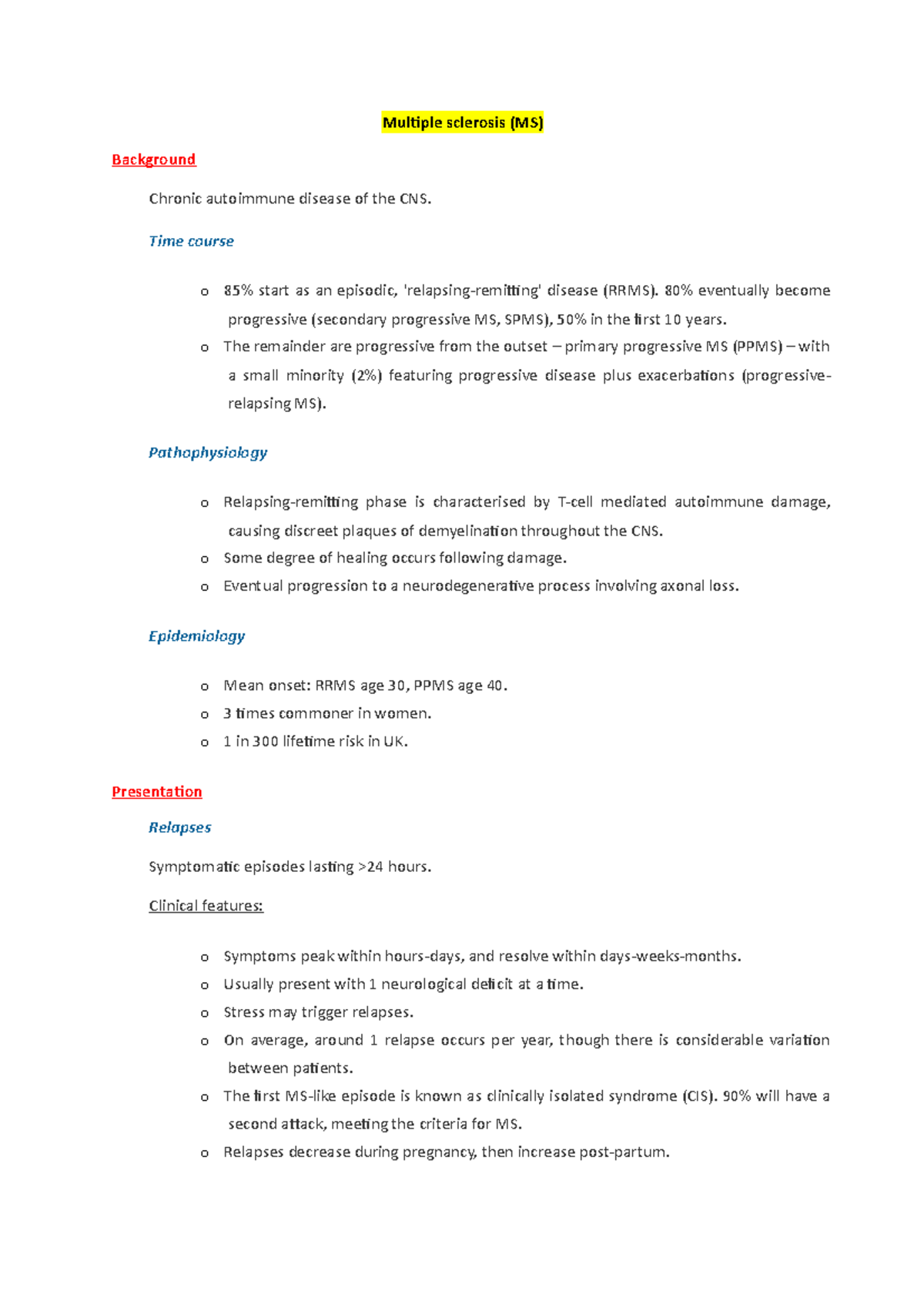Multiple Sclerosis - Lecture notes 1 - Multiple sclerosis (MS ...