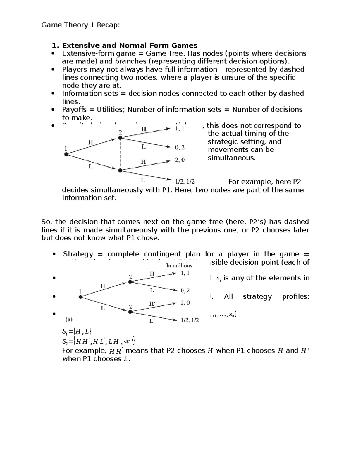 Game Theory 1 Recap study notes Extensive and Normal Form Games