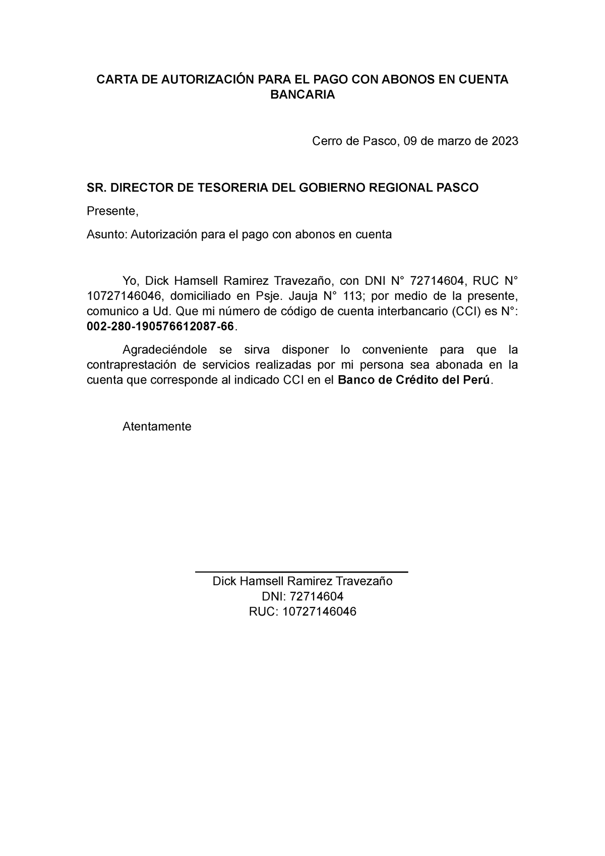 Carta De Autorización Cci Carta De AutorizaciÓn Para El Pago Con