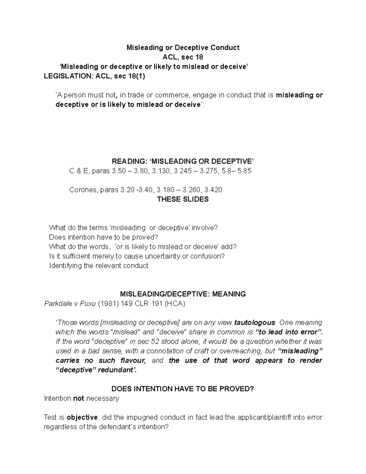 Misleading or Deceptive Conduct READING ‘MISLEADING OR DECEPTIVE’ C & E, paras 3 3, 3, 3 Misleading or Deceptive Conduct READING ‘MISLEADING OR DECEPTIVE’ C & E, paras 3 3, 3, 3