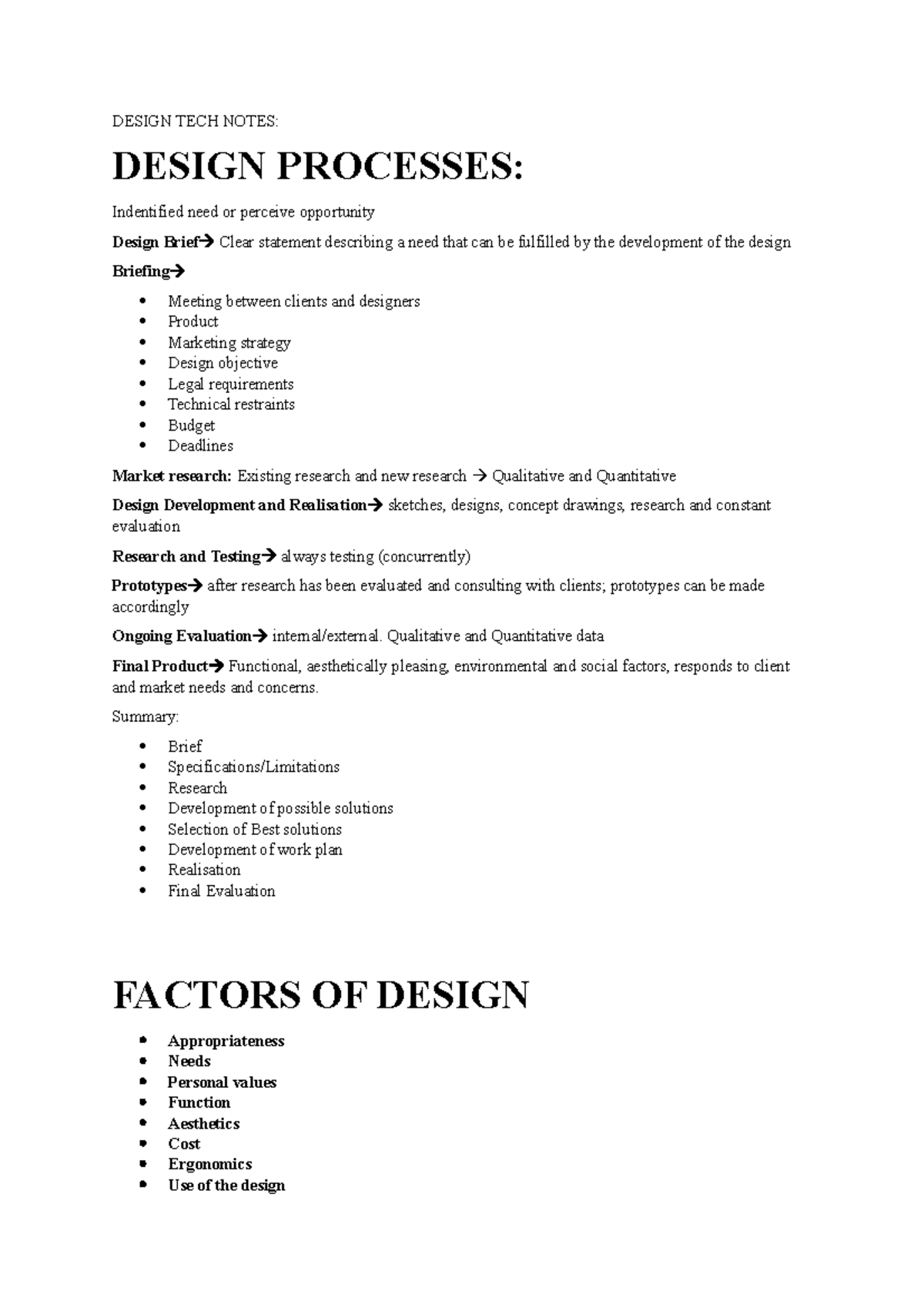 Design Tech Notes 2 - DESIGN TECH NOTES: DESIGN PROCESSES: Indentified ...