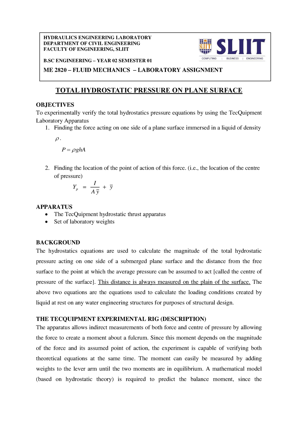 Total Hydrostatic Pressure ON Plane Surface Lab Sheet - TOTAL ...