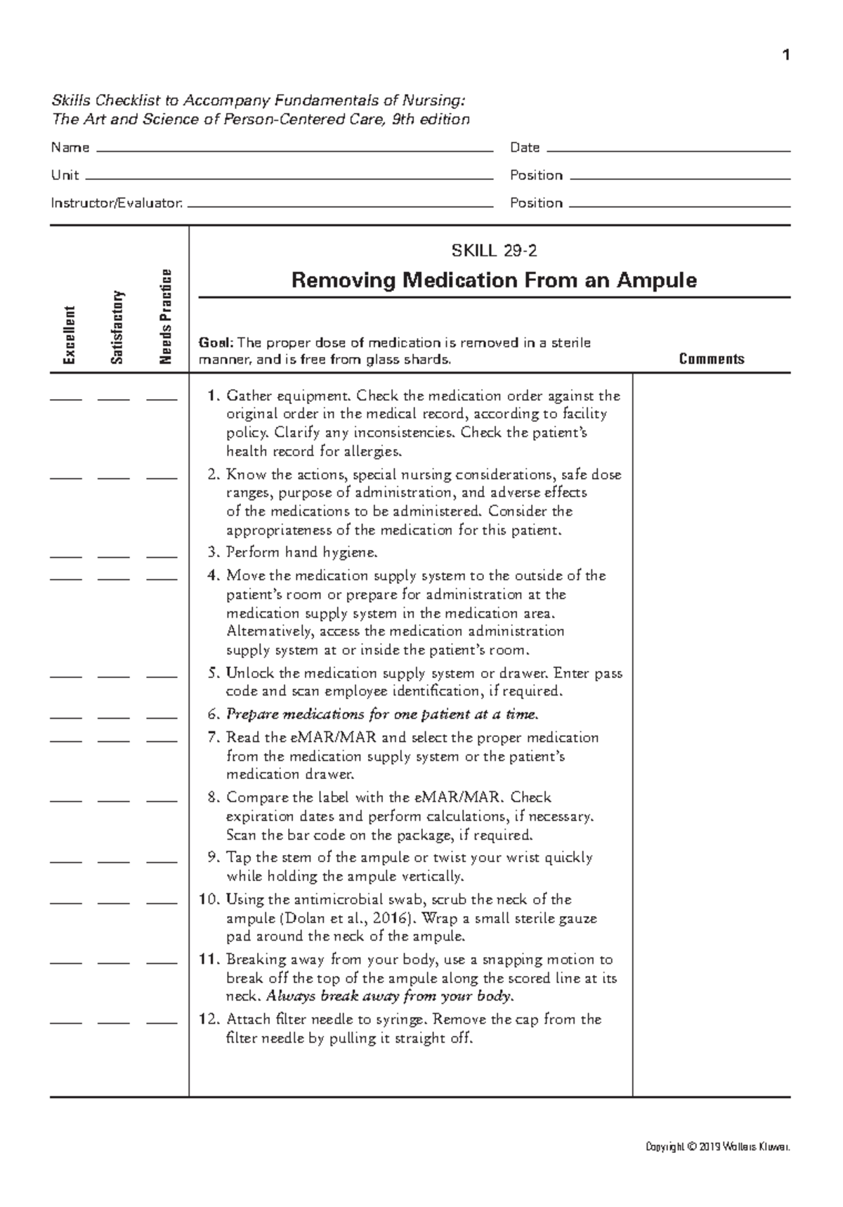 Skill 292 Removing Medication From an Ampule 1 Skills Checklist to