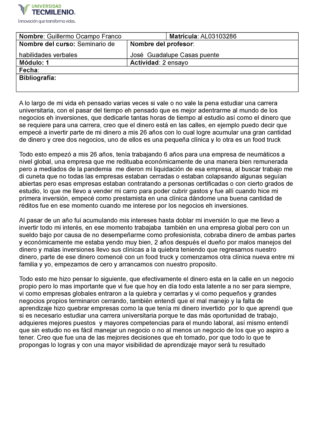 Actividad 2 Seminario De Habilidades Verbales Nombre Guillermo Ocampo Franco Matrícula Al 2985