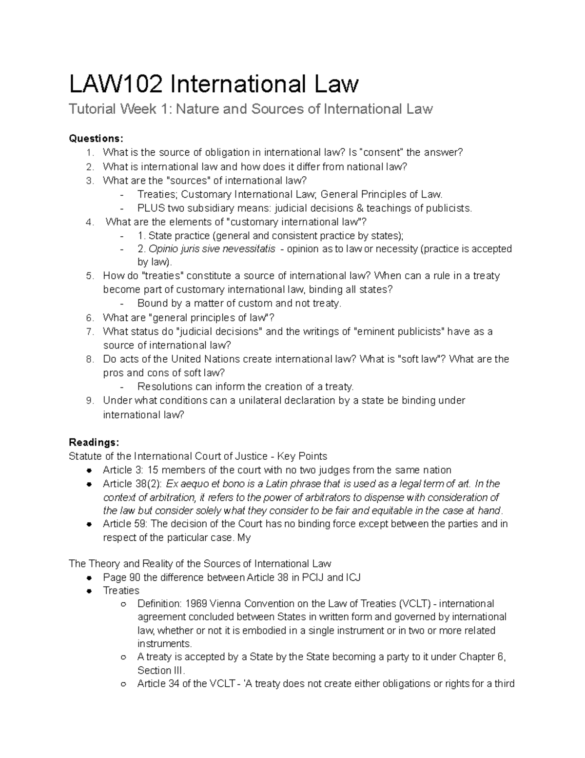 International Law - Tutorial Week 1 - Law 102 - UTAS - Studocu