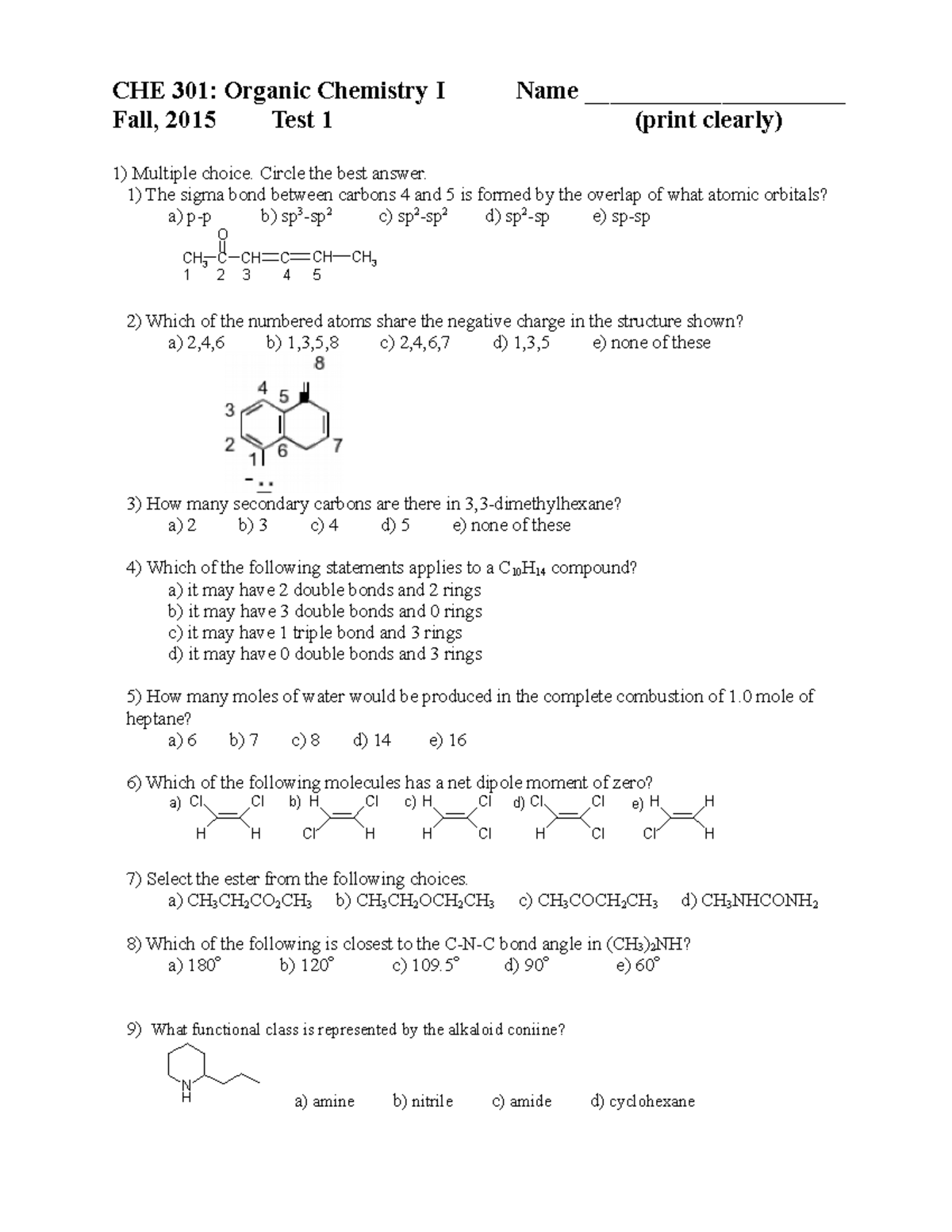 Fall, 2015 Test 1 - prof baker vcu chem 301 practice/sample test from ...