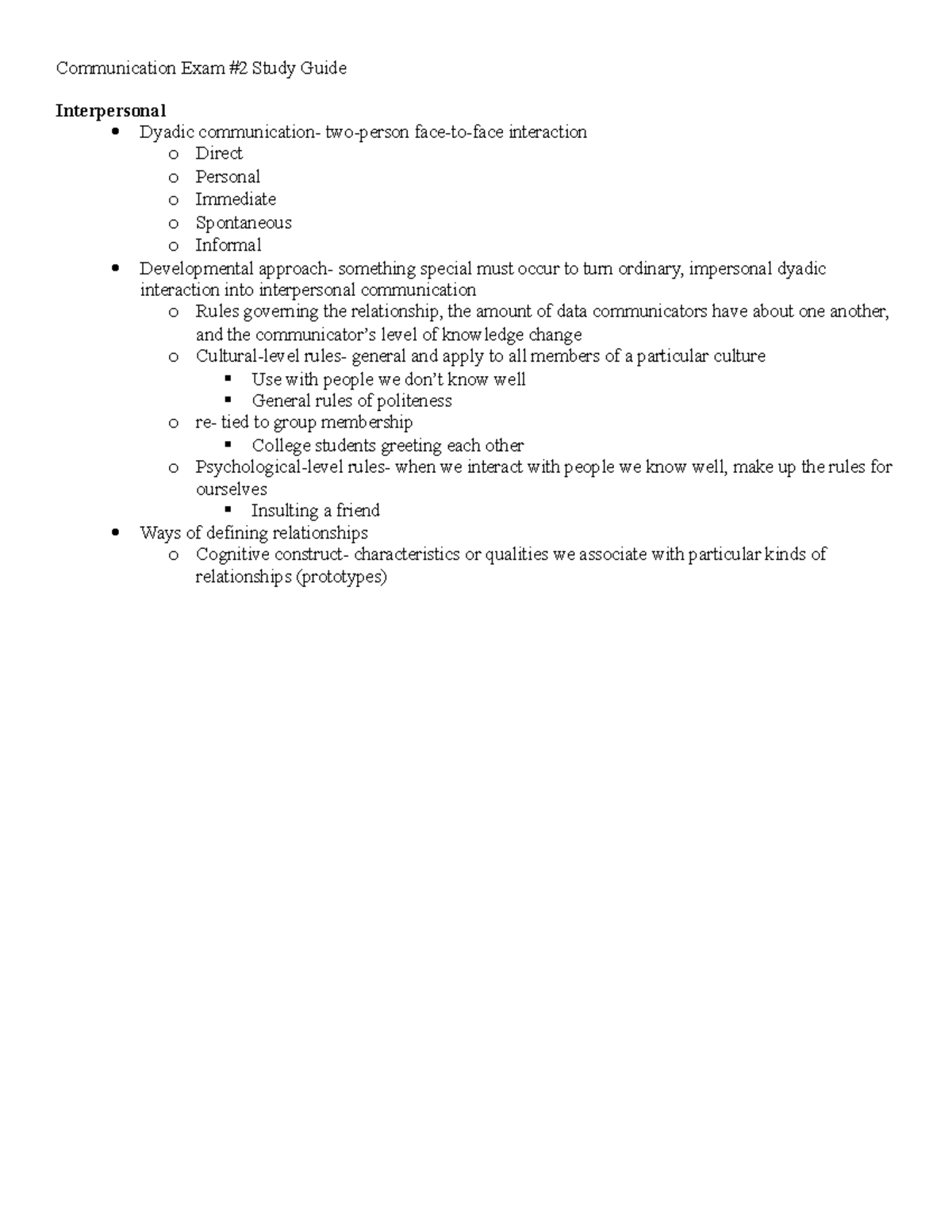 Comm Study Guide #2 - Communication Exam Study Guide Interpersonal ...
