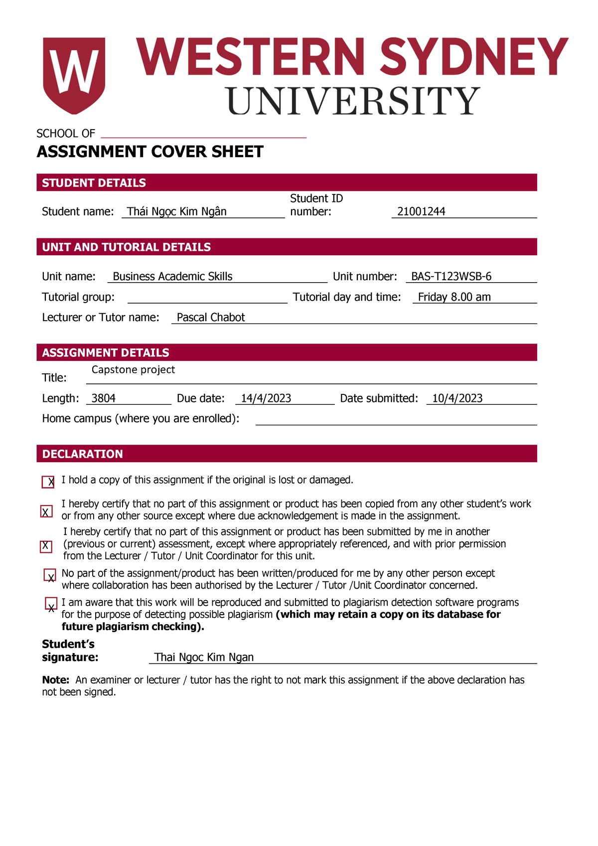 Capstone Project-pdf - ..s..s - SCHOOL OF ASSIGNMENT COVER SHEET ...
