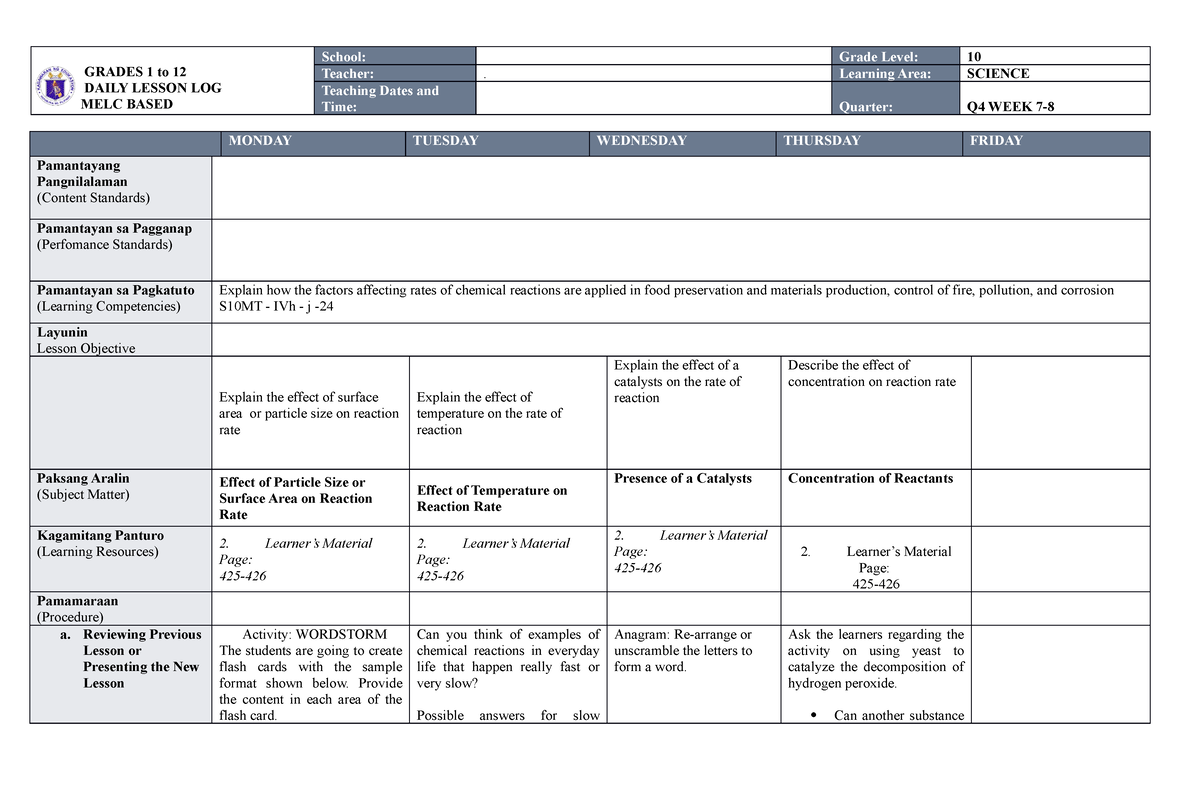 MELC DLL SCI 10 WEEK 7-8 Q4 - GRADES 1 to 12 DAILY LESSON LOG MELC ...