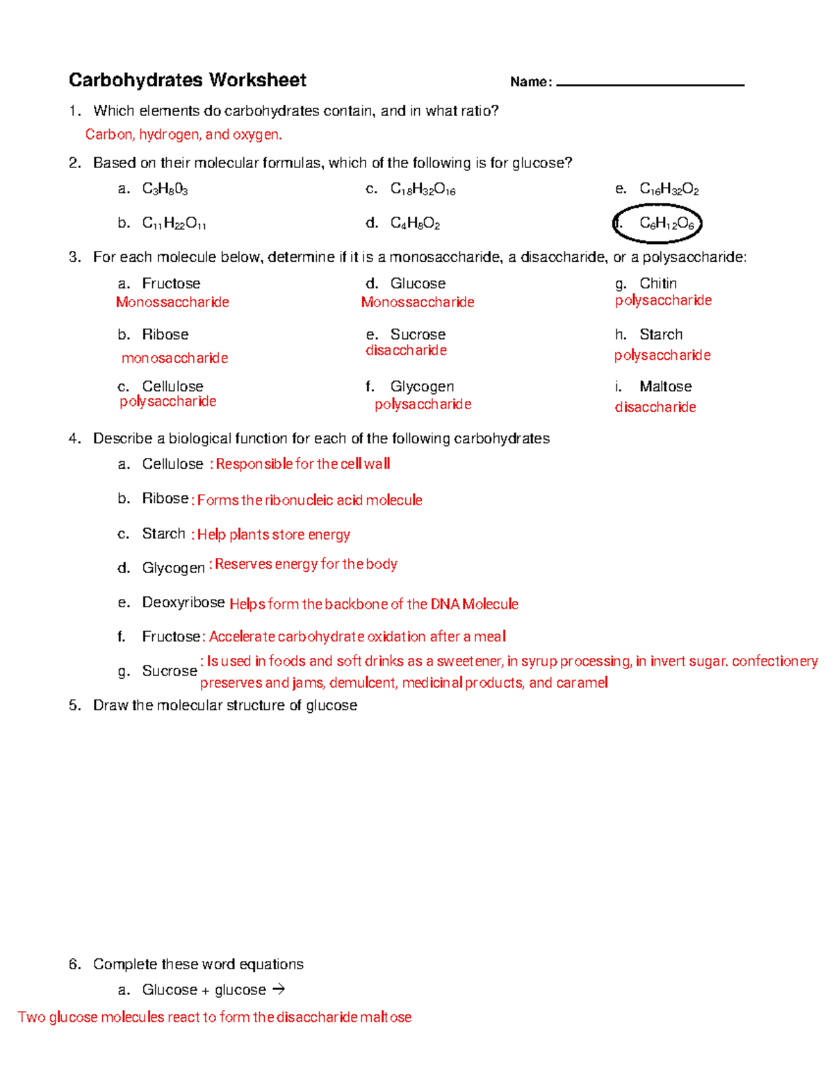 Tom James - Carbohydrates - Carbohydrates Worksheet Name: Which ...