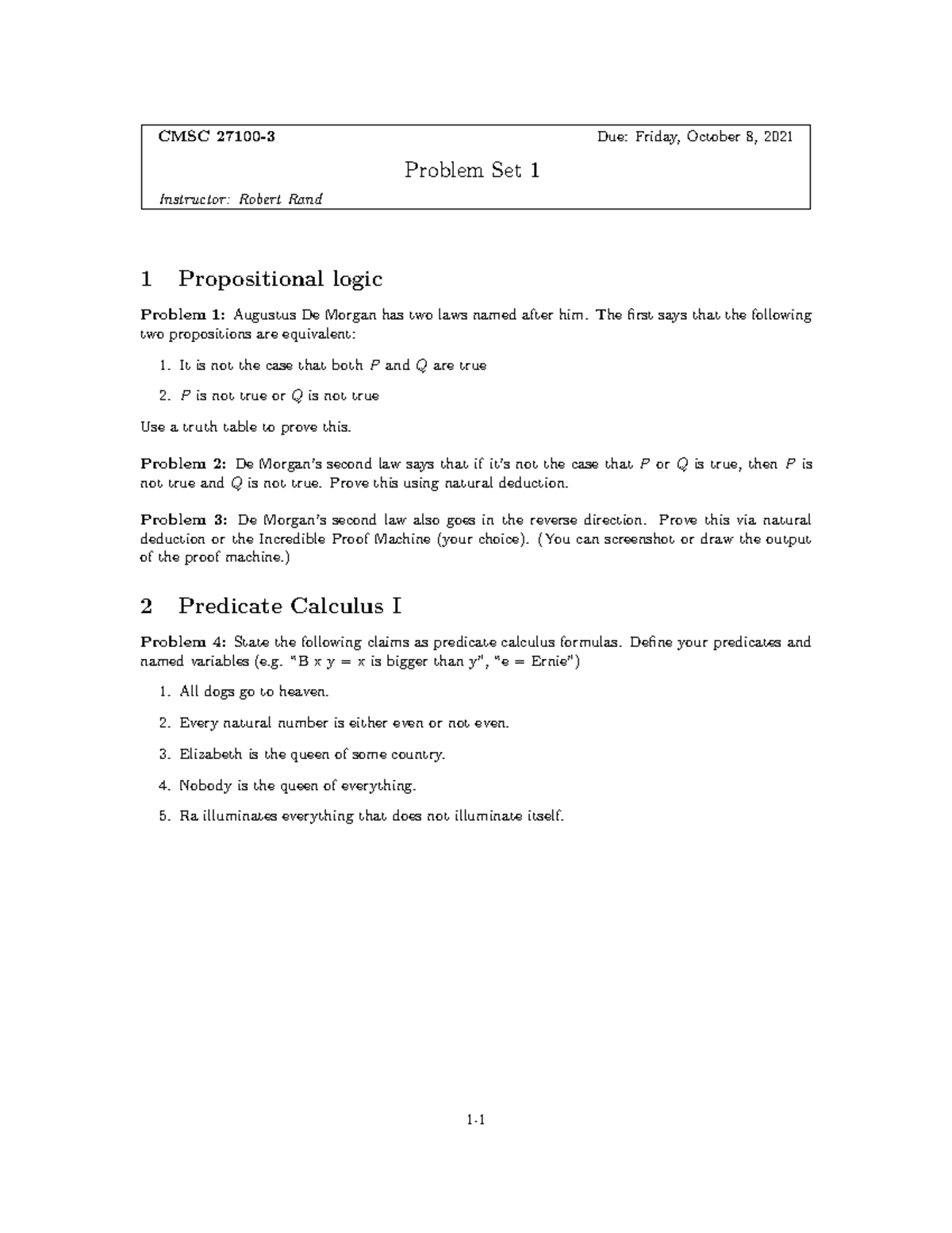 Problem Set 1 - Some Exercises On Propositional Logic And Predicate ...