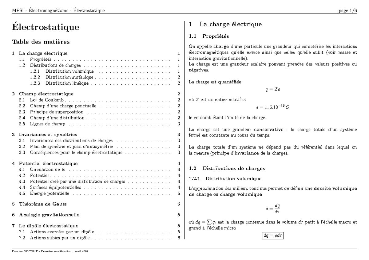 Electromagnetisme electrostatique - Electrostatique ́ Table des mati ...