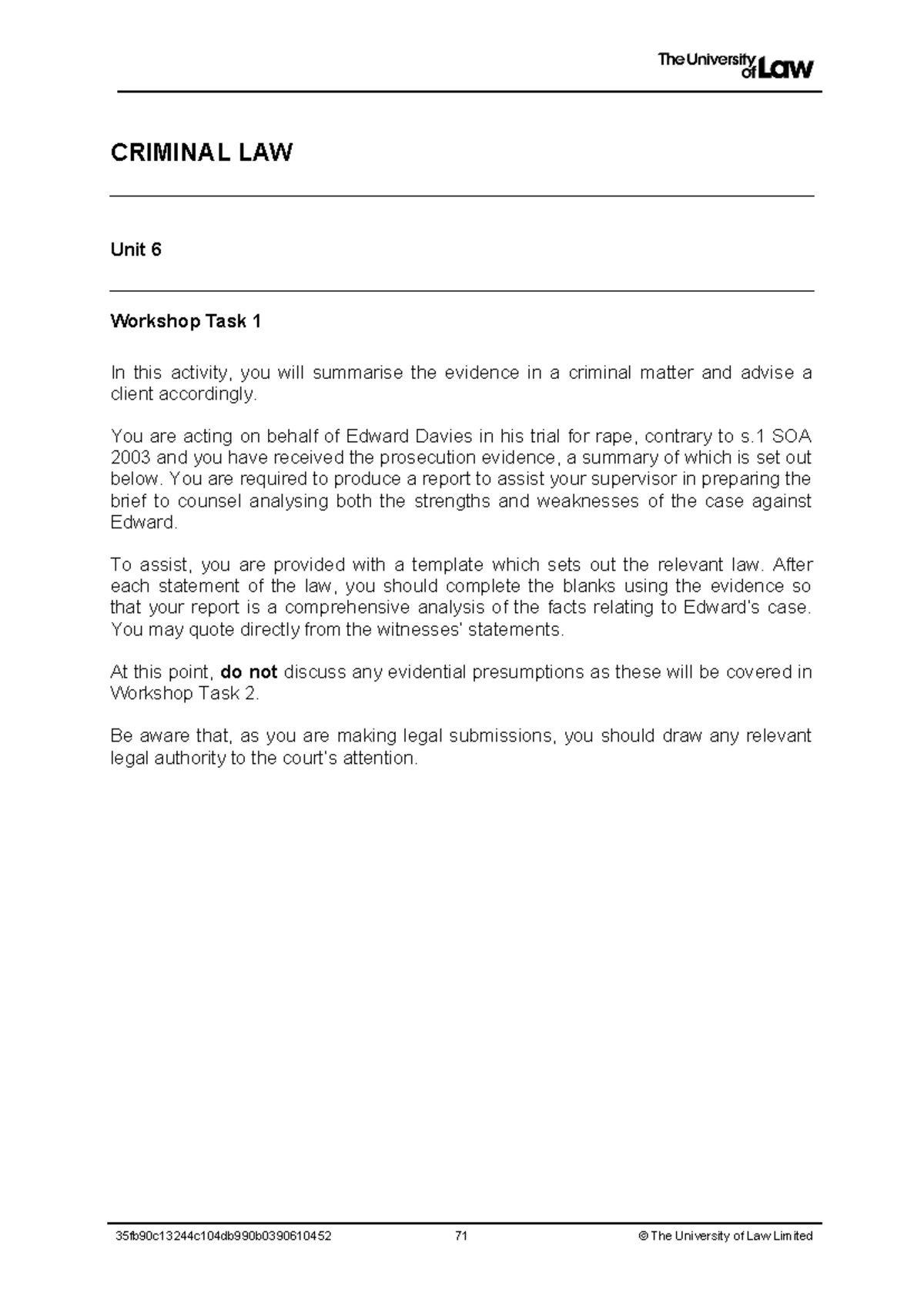 Criminal Law - Sexual Offences - Unit 6 - CRIMINAL LAW Unit 6 Workshop ...