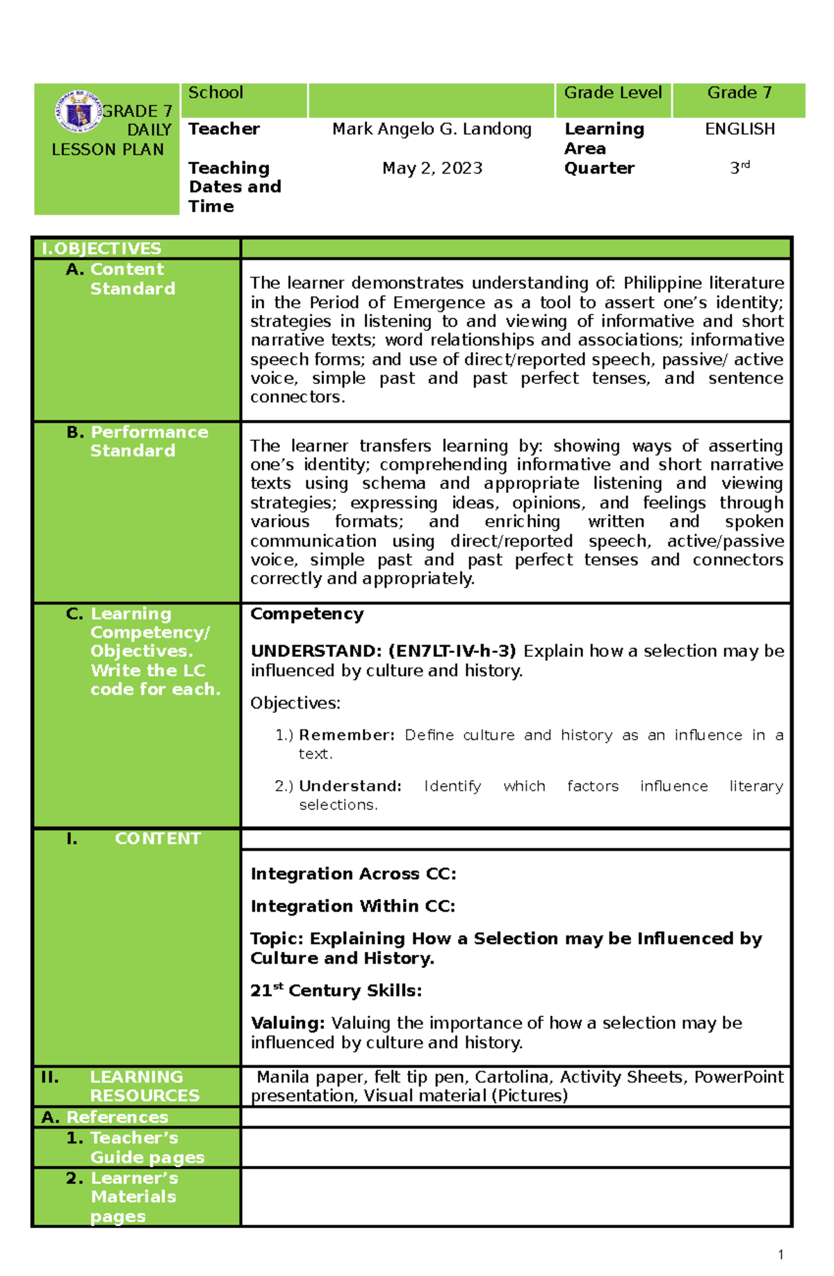 DLP-NI-MARK - none - GRADE 7 DAILY LESSON PLAN School Grade Level Grade ...