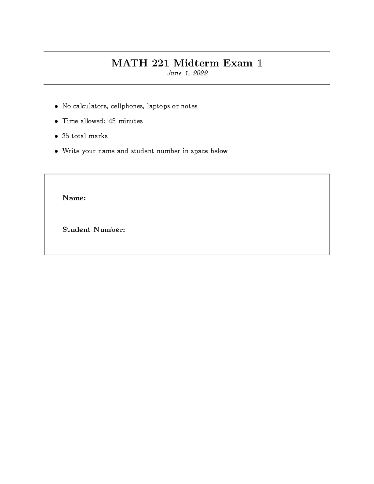 Math 221 Midterm 1 Sol - MATH 221 Midterm Exam 1 June 1, 2022 No ...