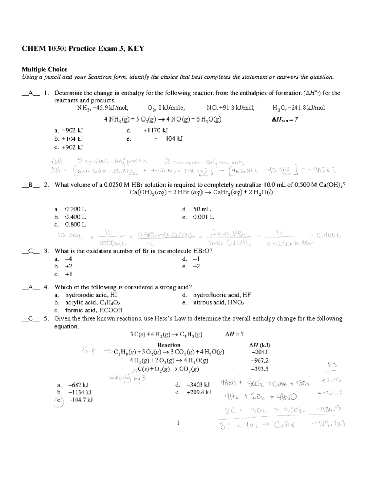 Practice Exam 3 Solutions - CHEM 1030: Practice Exam 3, KEY Multiple ...