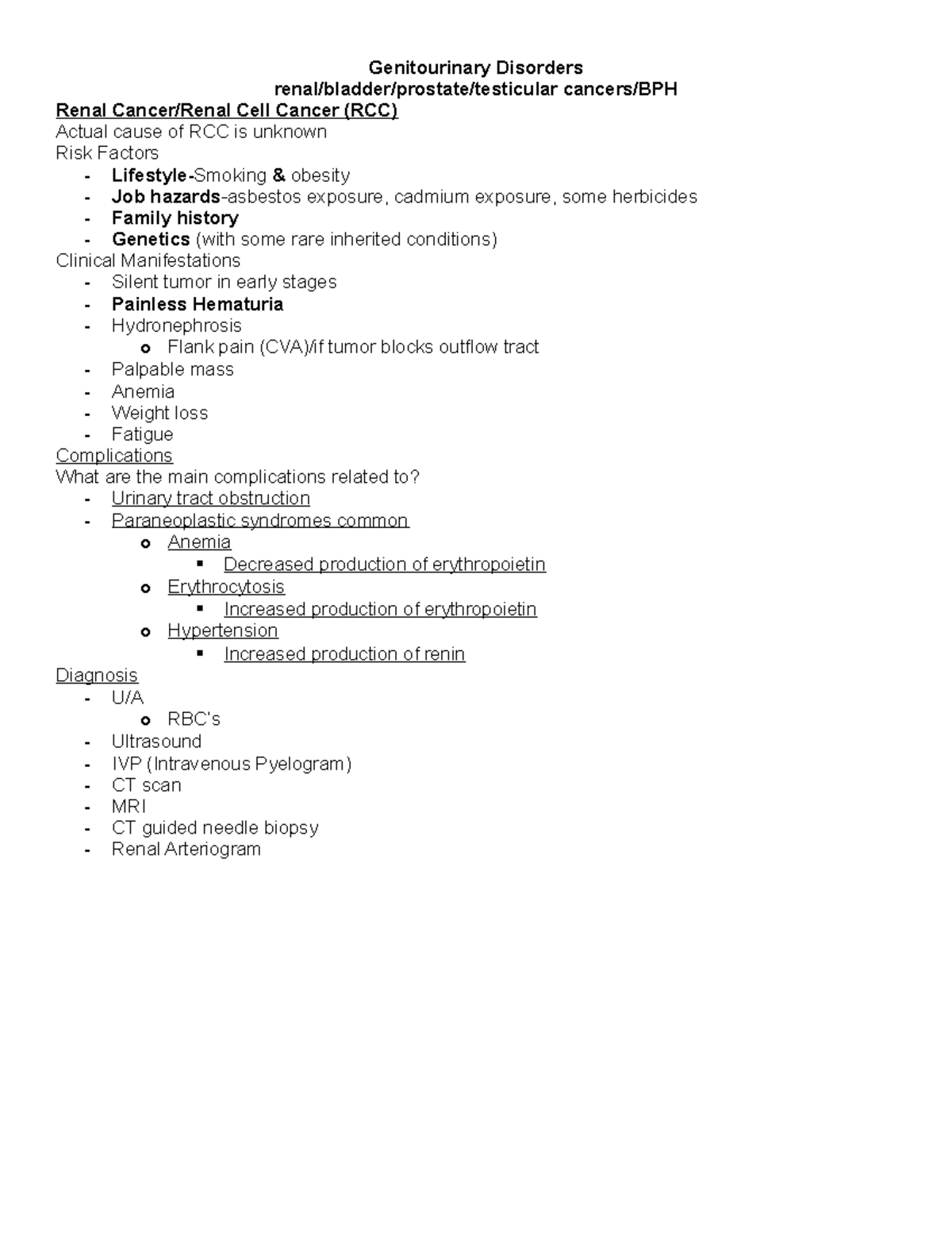 genitourinary disorders - renal/bladder/prostate/testicular cancers/BPH ...