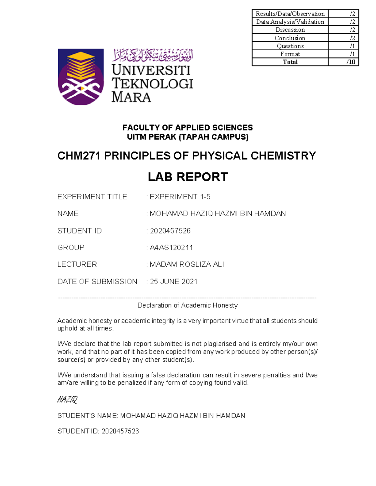 LAB Report Chemistry, (EXAMPLE) FACULTY OF APPLIED SCIENCES UiTM