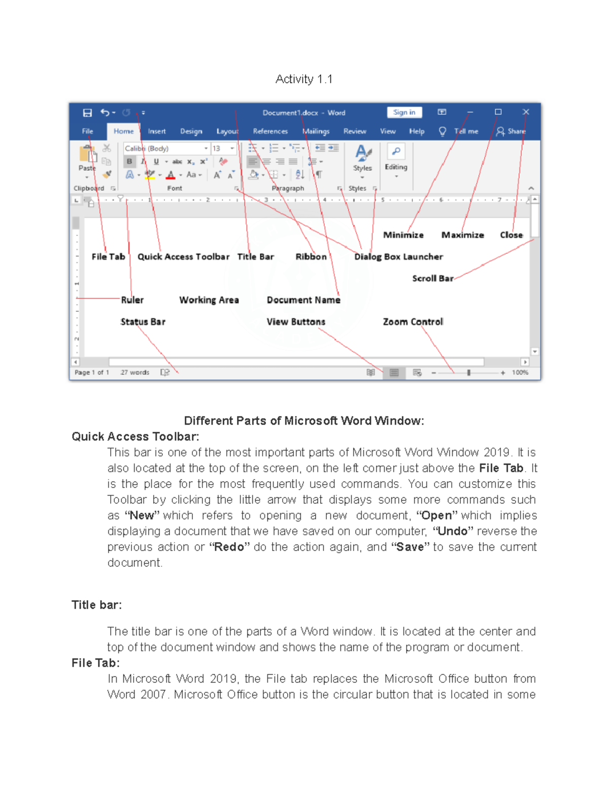 Activity 1 - Activity 1. Different Parts Of Microsoft Word Window ...