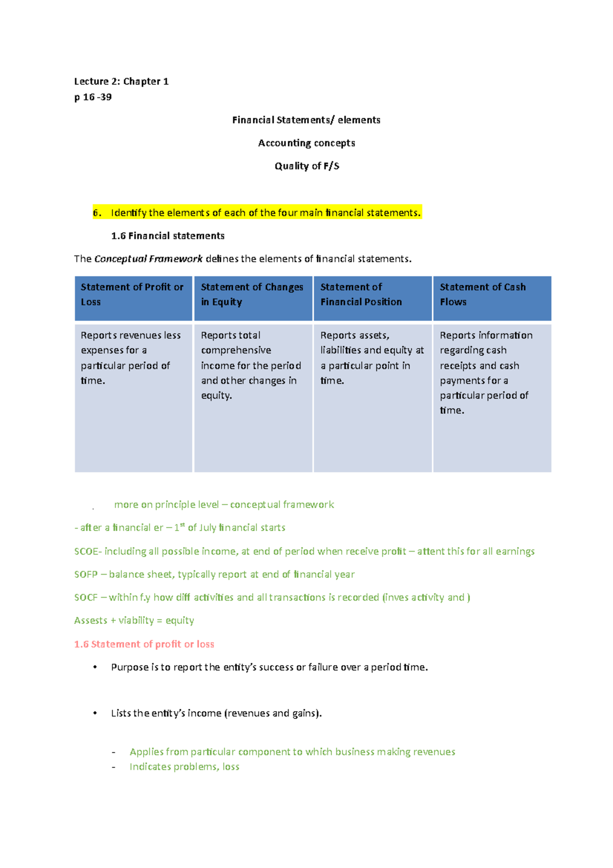 Lecture 2 - Accounting I + notes - Lecture 2: Chapter 1 p 16 ...