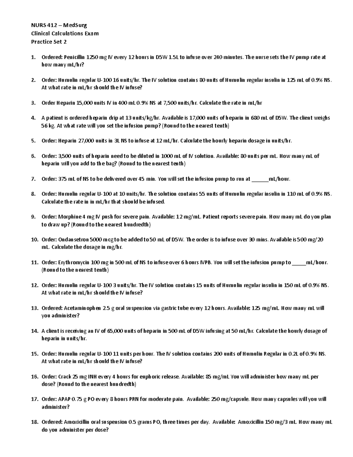 Clinical Calculations Practice Set 2 - NURS 412 – MedSurg Clinical ...