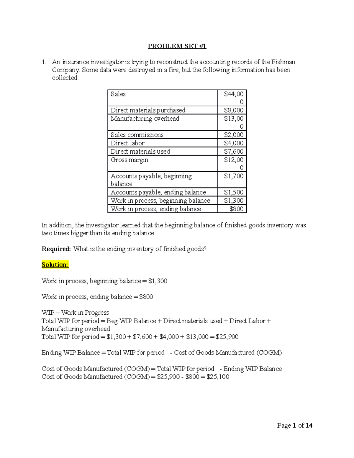 Managerial Accounting Assignment 1 - PROBLEM SET An Insurance ...