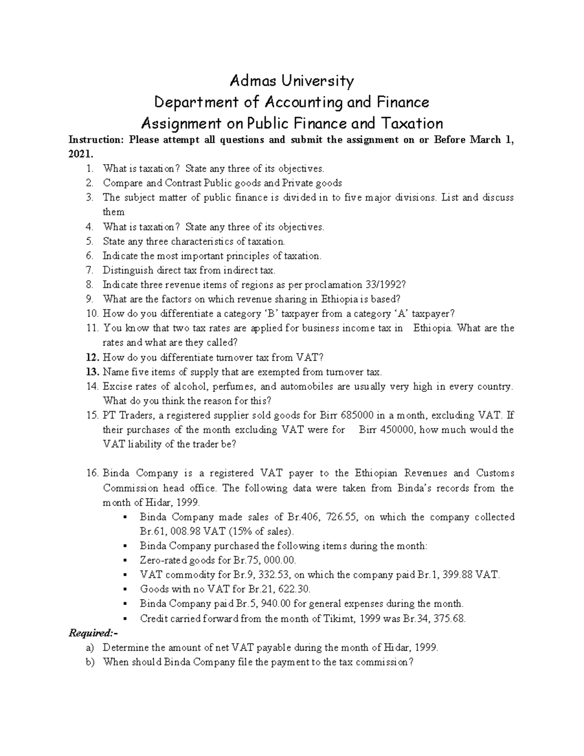 Tax Assignment - Material - Admas University Department of Accounting ...