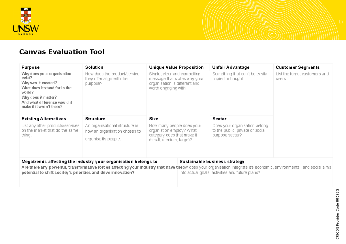 COMM2222 Canvas Evaluation Tool 2022 Canvas Evaluation Tool Purpose Solution Unique Value