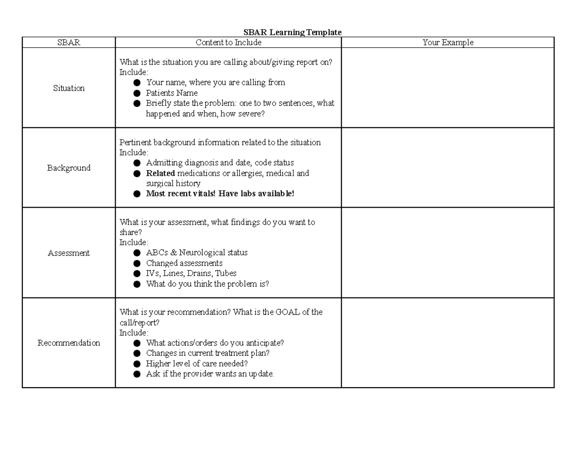 SBAR Learning Template - SBAR Learning Template SBAR Content to Include ...