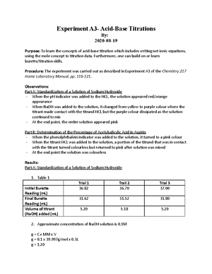 Lab A1 - 100% - Experiment A1: Mass and Volume Measurement By: 2020-08 ...