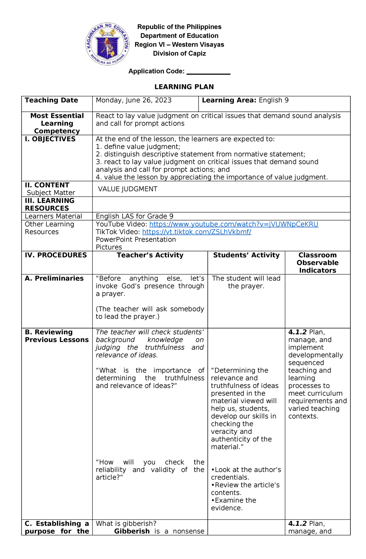 Lesson Plan Sample Republic Of The Philippines Department Of Education Region Vi Western