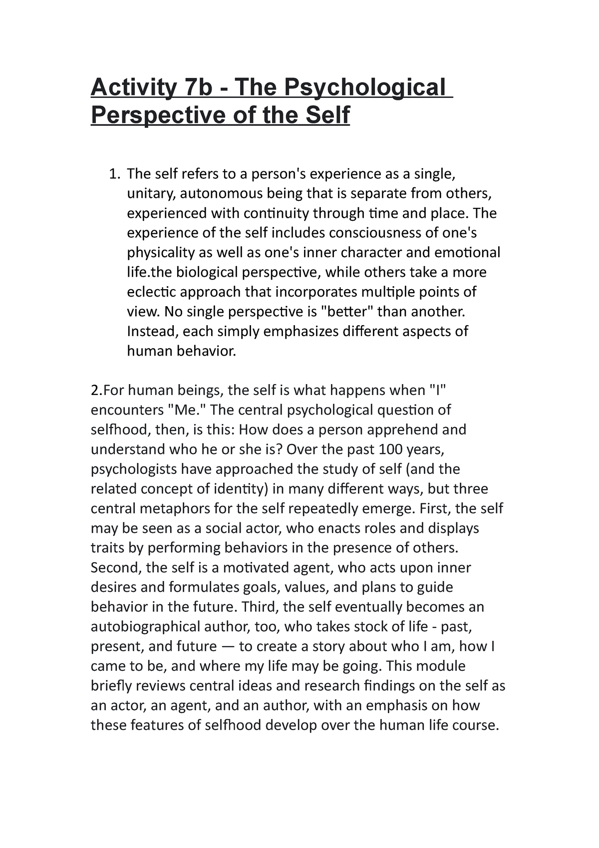 essay about psychological perspective of the self