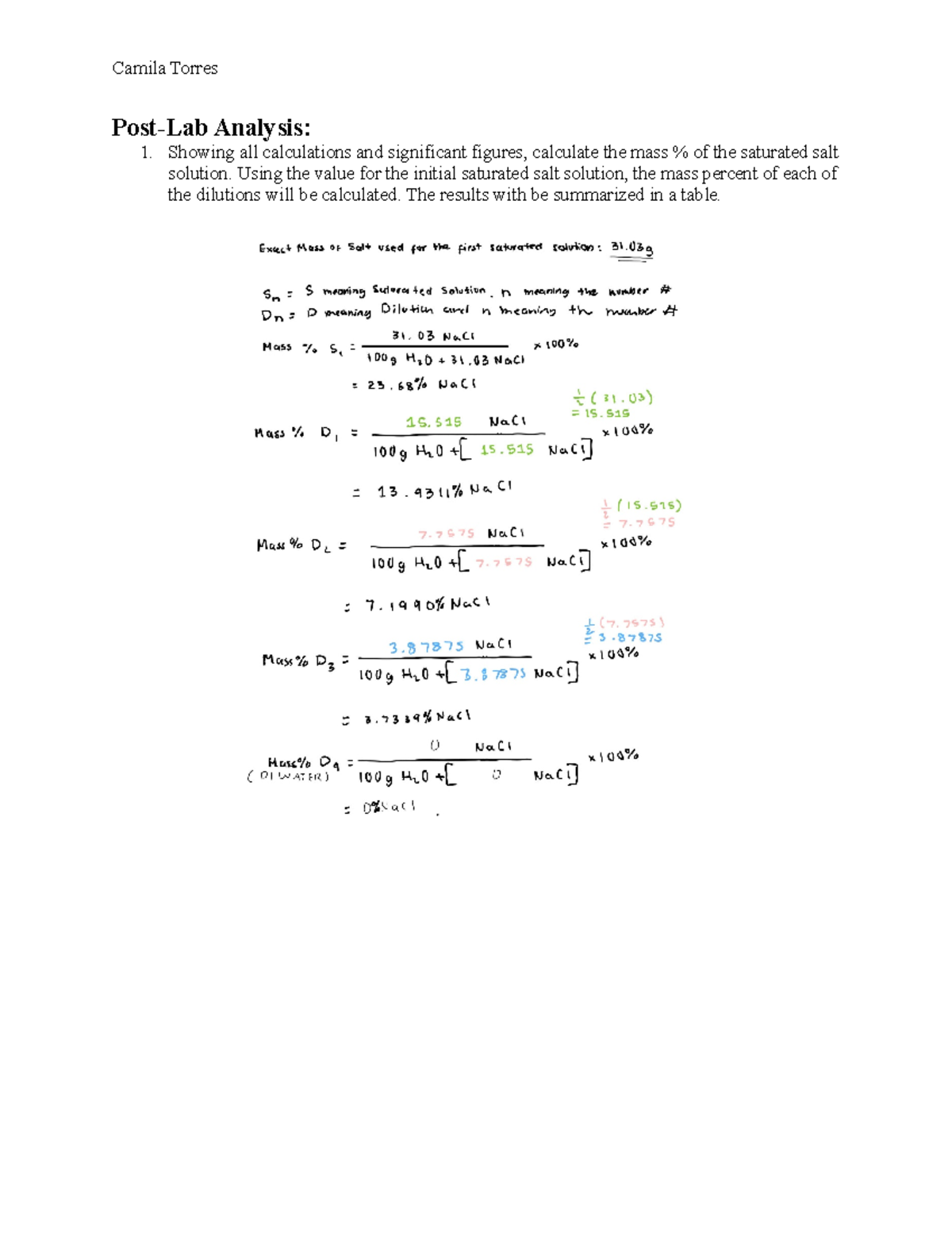 Chem 1. Chapter 2 Post Lab PostLab Analysis Showing all